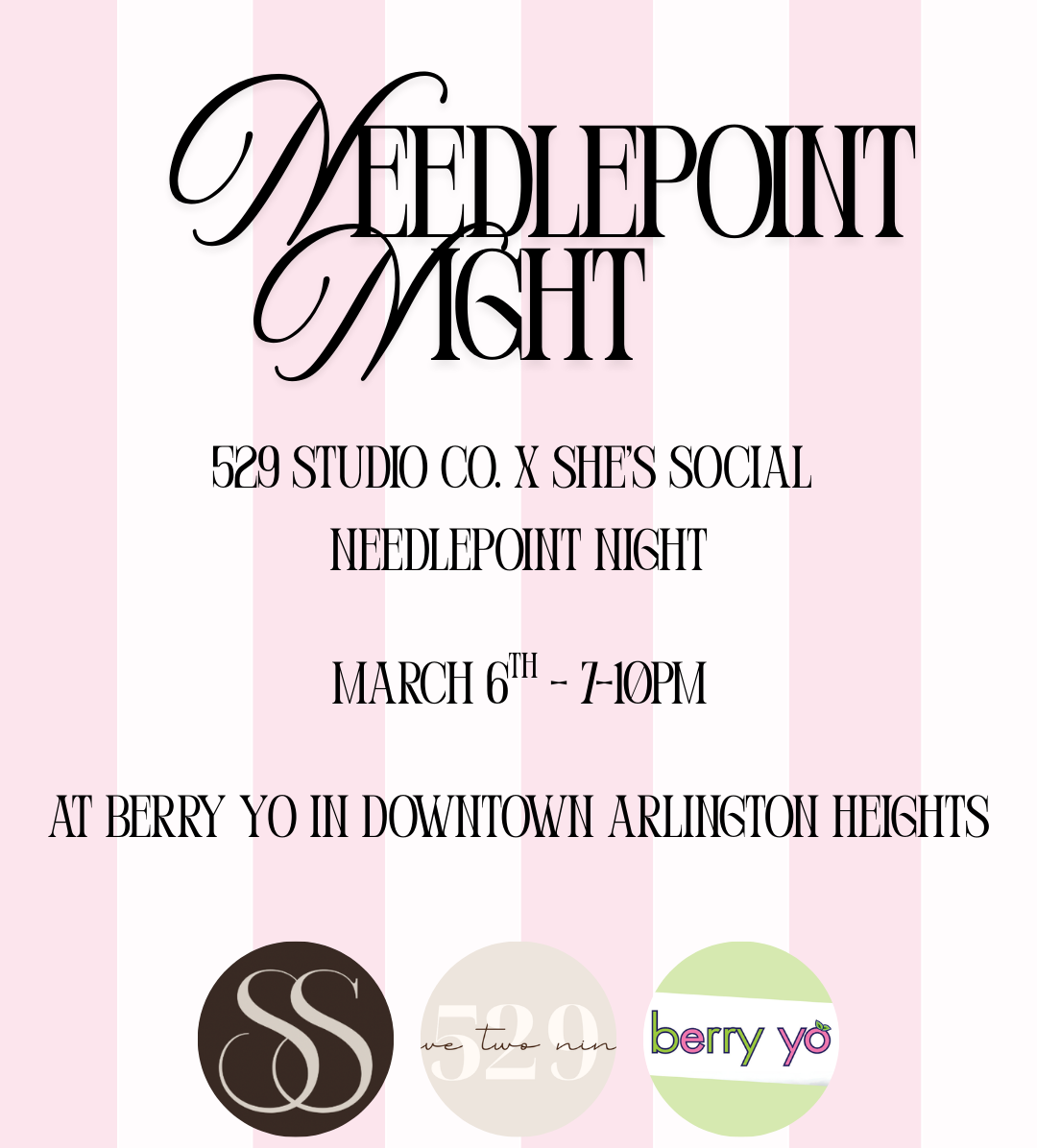 Promotional flyer for Needlepoint Night event with event details and sponsor logos on a pink and white striped background.