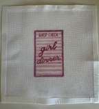 Needlepoint Design with 'Girl Dinner' text on a white background