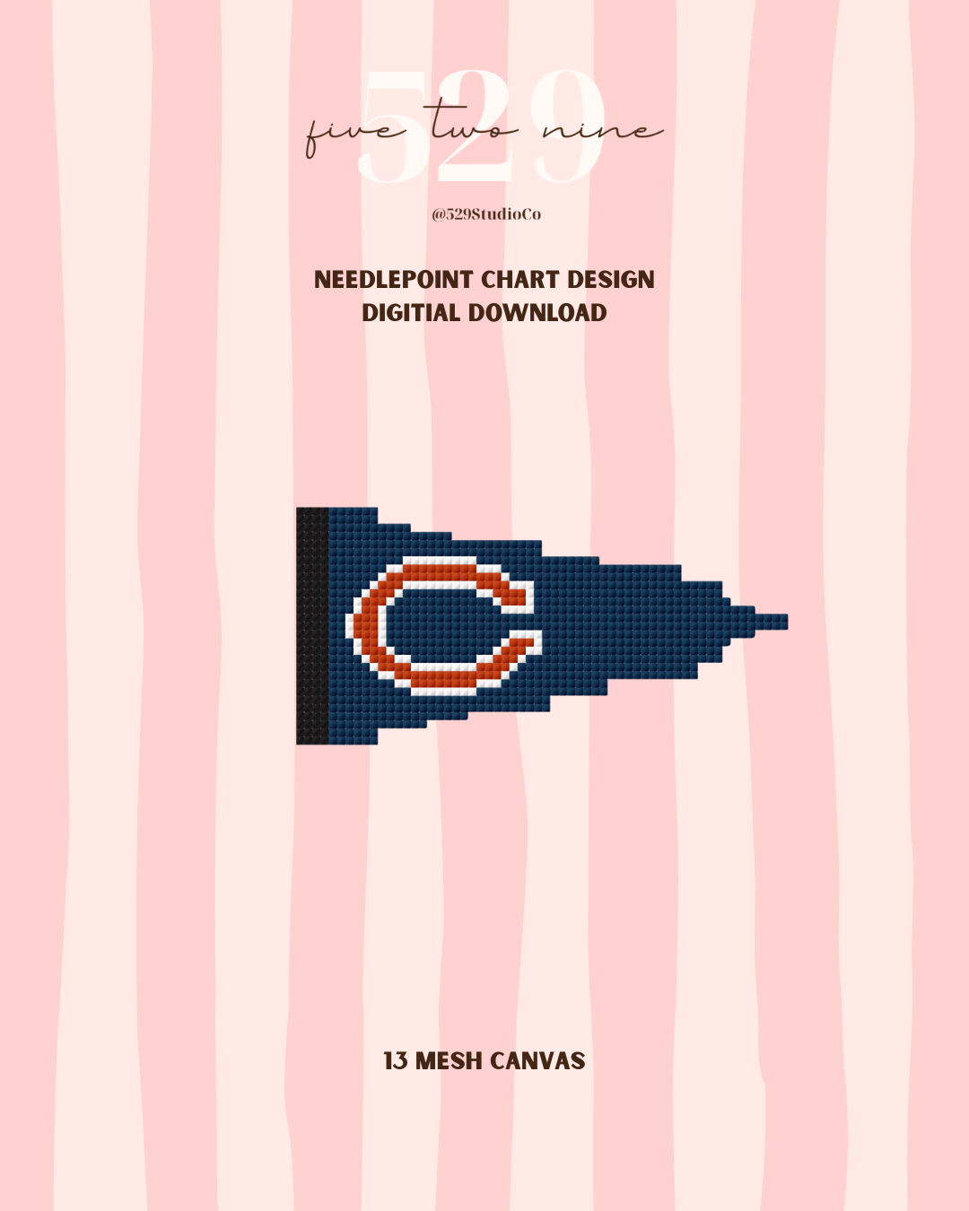 Needlepoint chart design digital download with a logo on a pink striped background